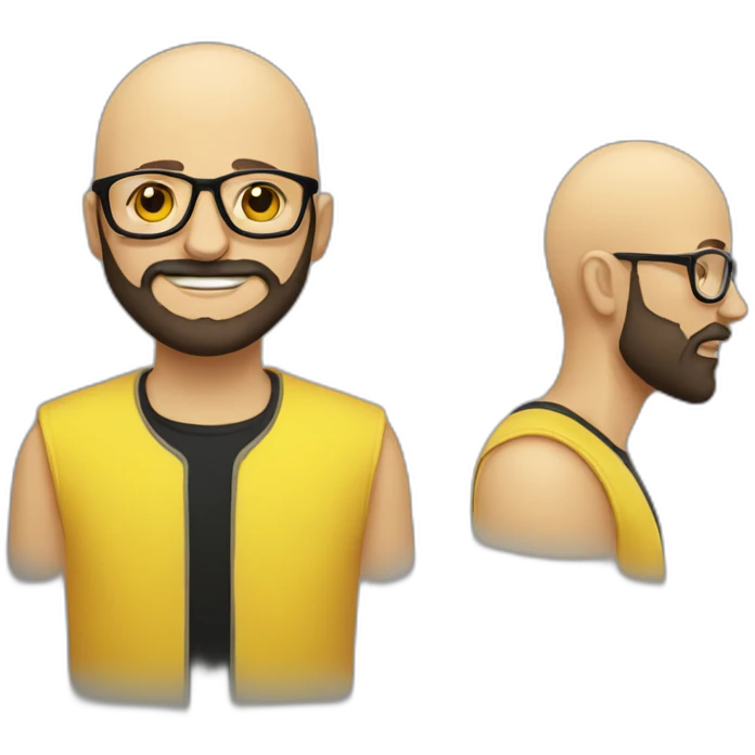 A bald man wearing yellow transparent fashionable glasses, a man with black beard emoji