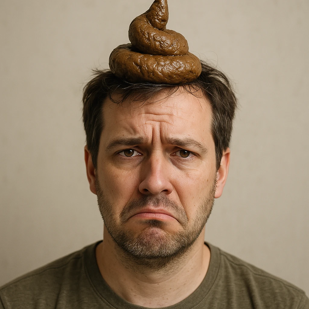 hyper-realistic style, man with poop on his head, photographic detail, neutral background emoji