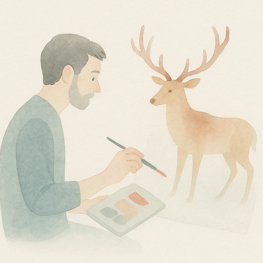a man painting an elk, different artistic style, soft watercolor textures, gentle and fluid emoji