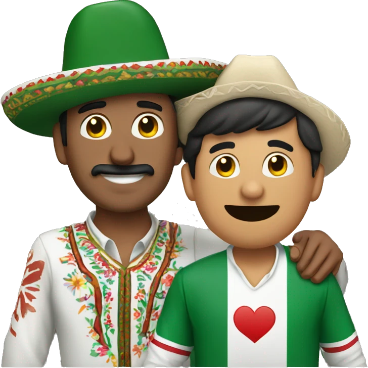 mexican man wearing a Sombrero and pakistani man wearing a pakistan shirt hugging emoji
