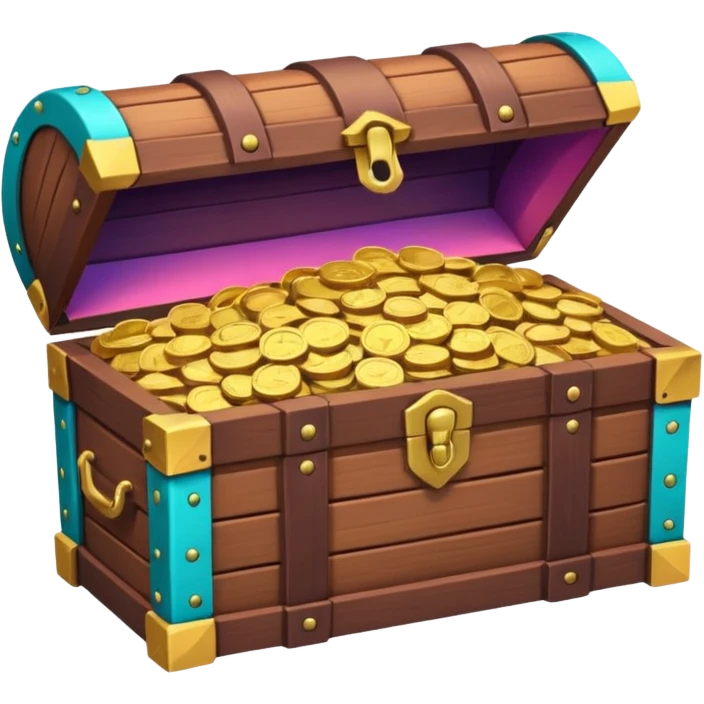 wooden brown treasure chest filled with coins pack in gradient of turquoise, blue, pink, purple, and coral emoji