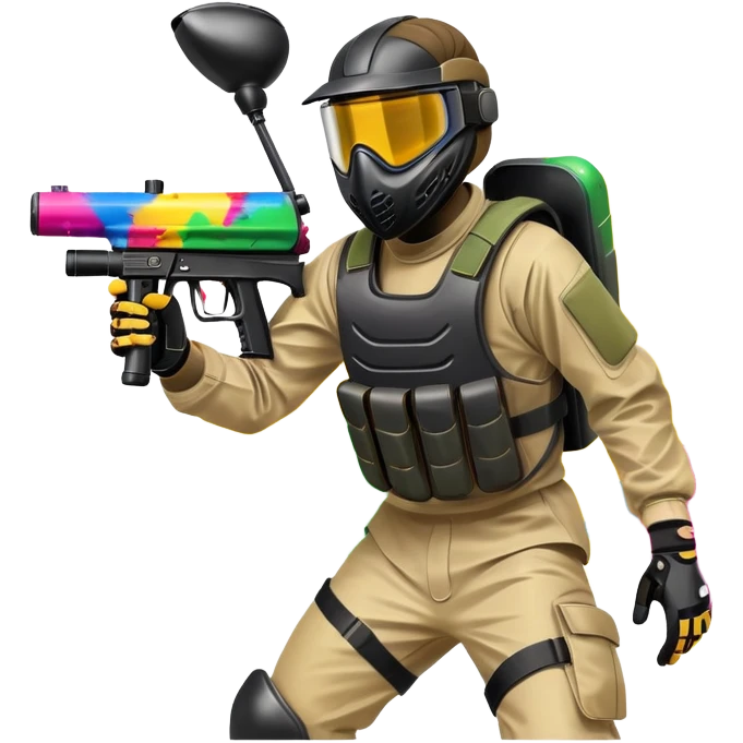 A dynamic scene of a player in action, holding a paintball gun and wearing protective gear. The background shows a vibrant paintball field with obstacles, colorful splatters of paint in the air, and an intense, competitive atmosphere. emoji