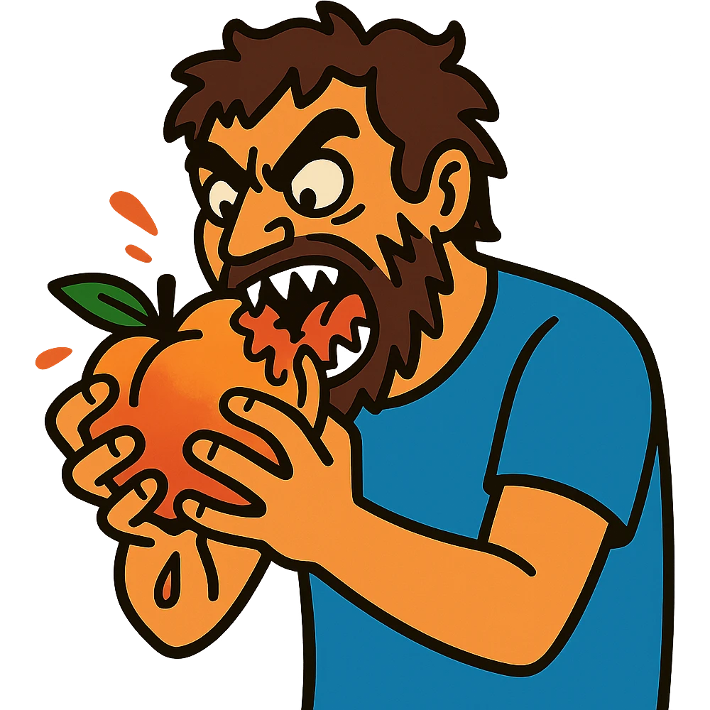 a man ferally eating a peach emoji