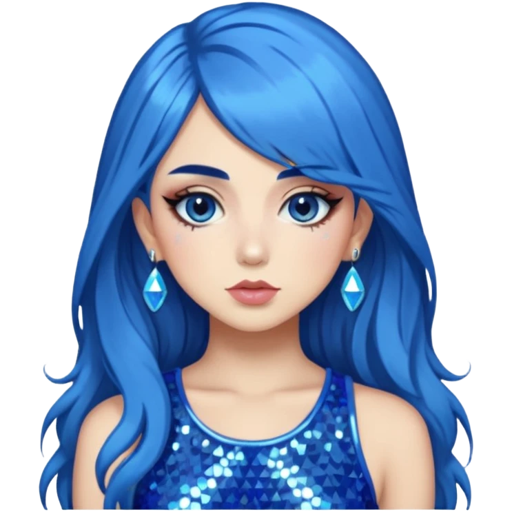 Charly xcx with long hair and full glam makeup, blue hair emoji