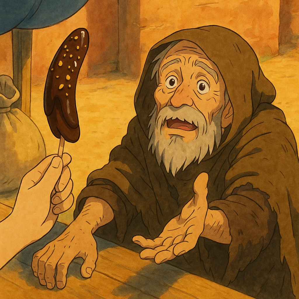 ghibli style illustration of a beggar reaching for a chocobanana, warm and expressive emoji
