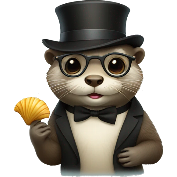 Cute Otter with glasses and top hat holding scallop shell emoji