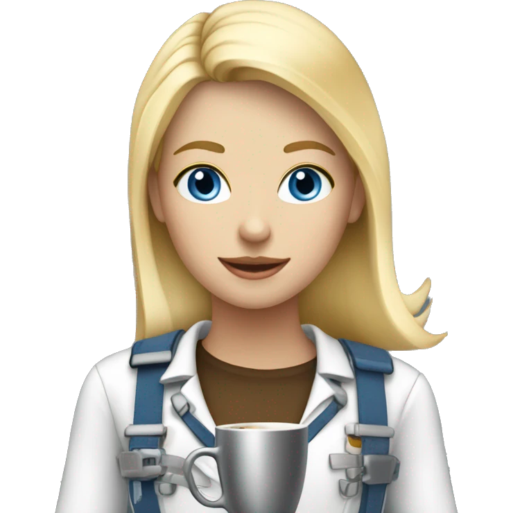 Blond girl with blue eyes  drinking coffee wearing a harness and steel toe boots emoji