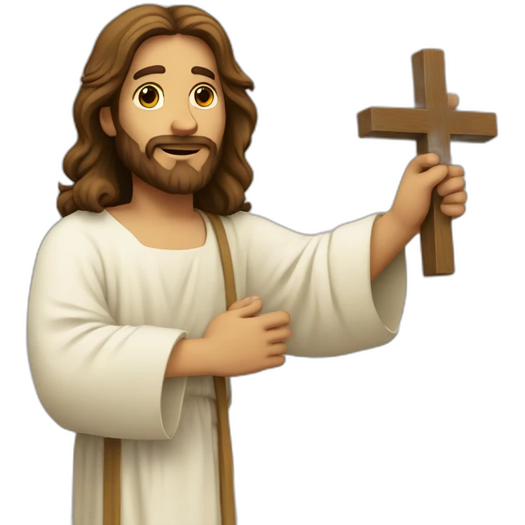 Jesus with his hand up holding a cross emoji
