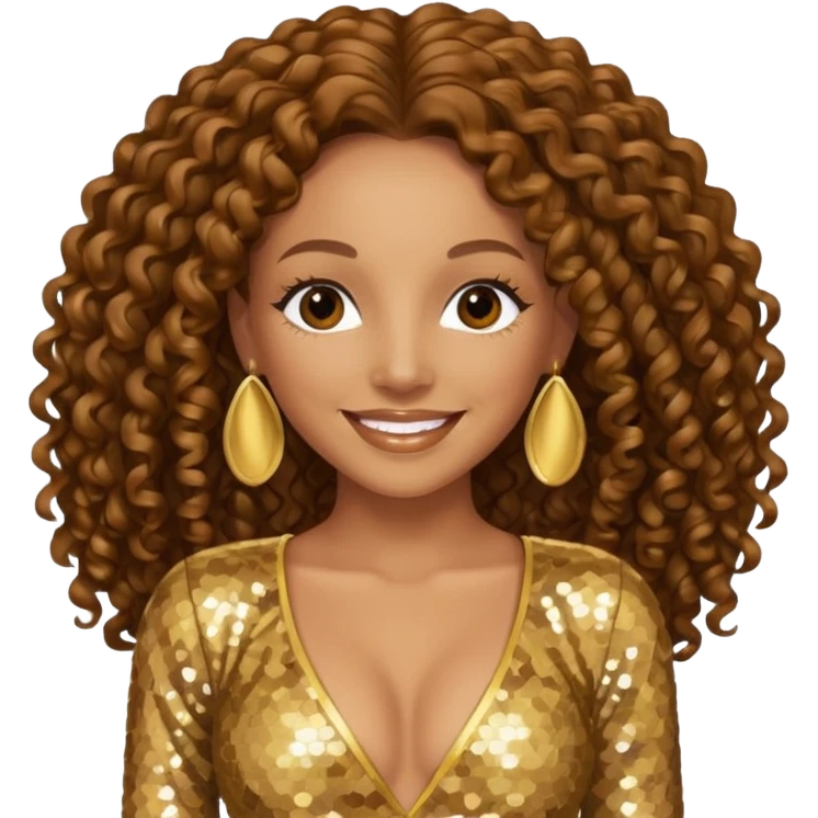Mel B from Spice Girls with long brown curly hair, gold sequin outfit emoji