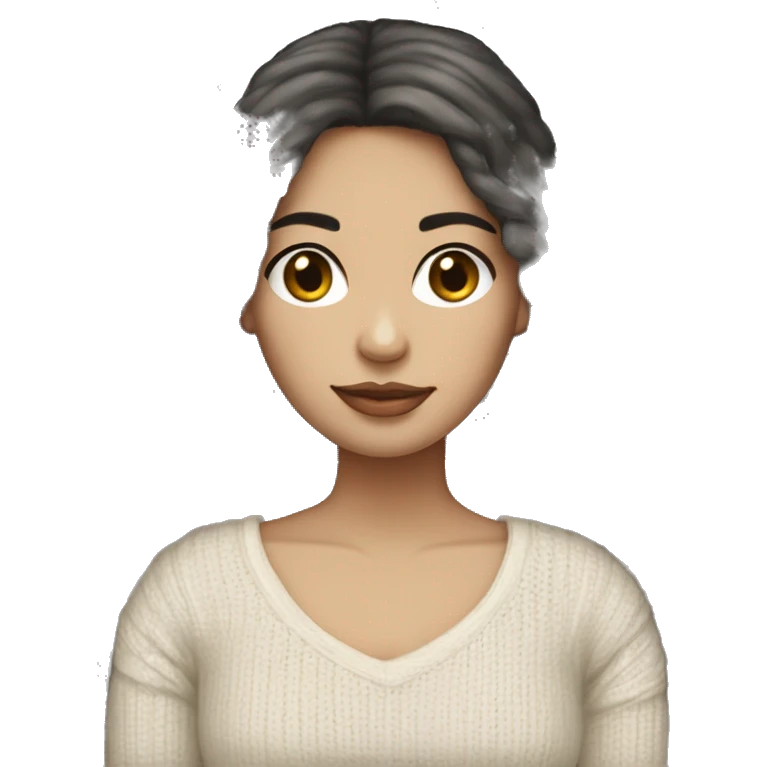 Female with long black hair and curtain bangs, medium white skin colour, stripped tshirt, crocheting a jumper emoji