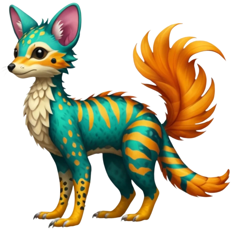 Feral Rare Fantasy vibrant tropical Vernid-Trico-species by LiLaiRa, random markings, tufted tail, tufted ears, full body emoji