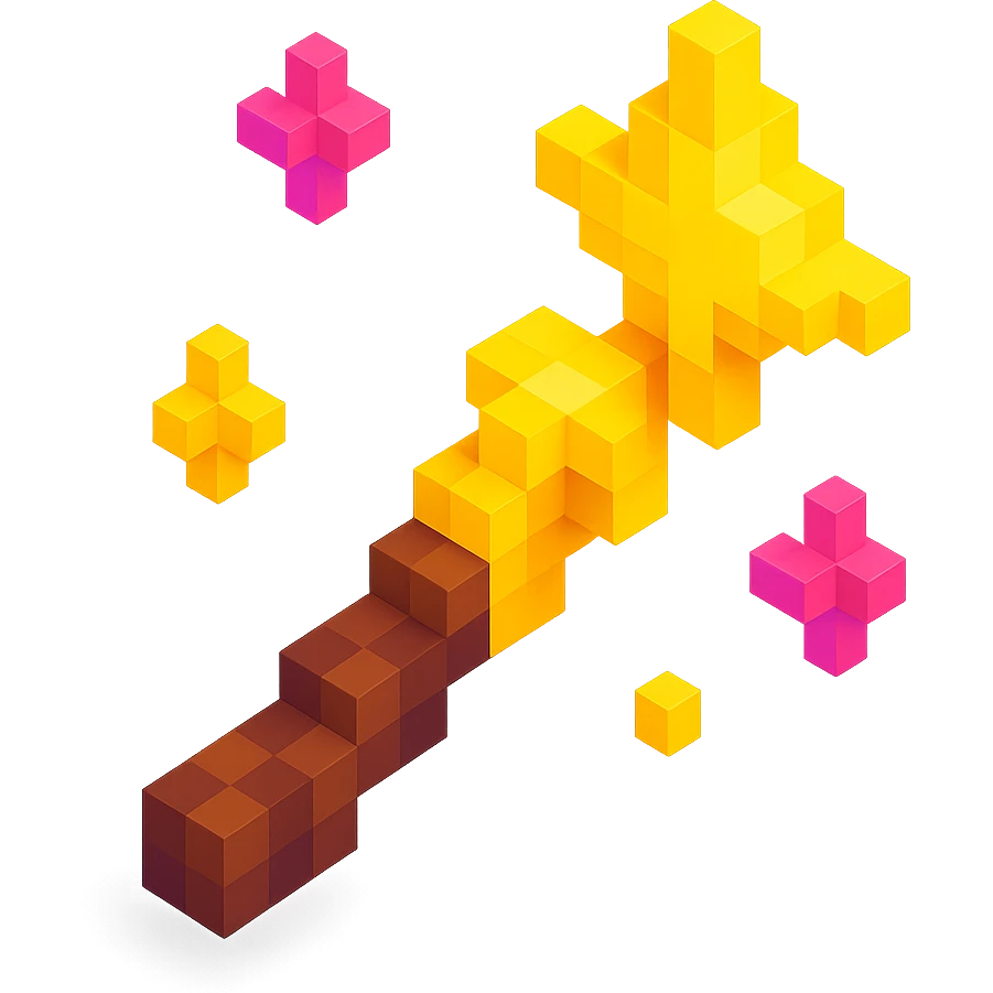 3D Minecraft-style voxel emoji of a magic wand with sparkles, inspired by Harry Potter, blocky and cubic emoji