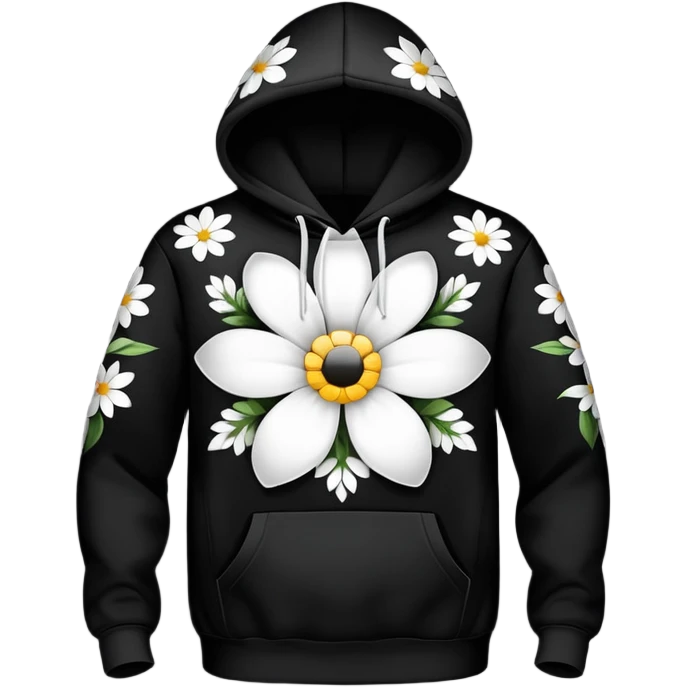 The BLACK Hoodie features a black base with scattered black and white flowers. Each flower has a white outer ring with a hollow center, creating a unique open design that contrasts sharply against the dark background. emoji