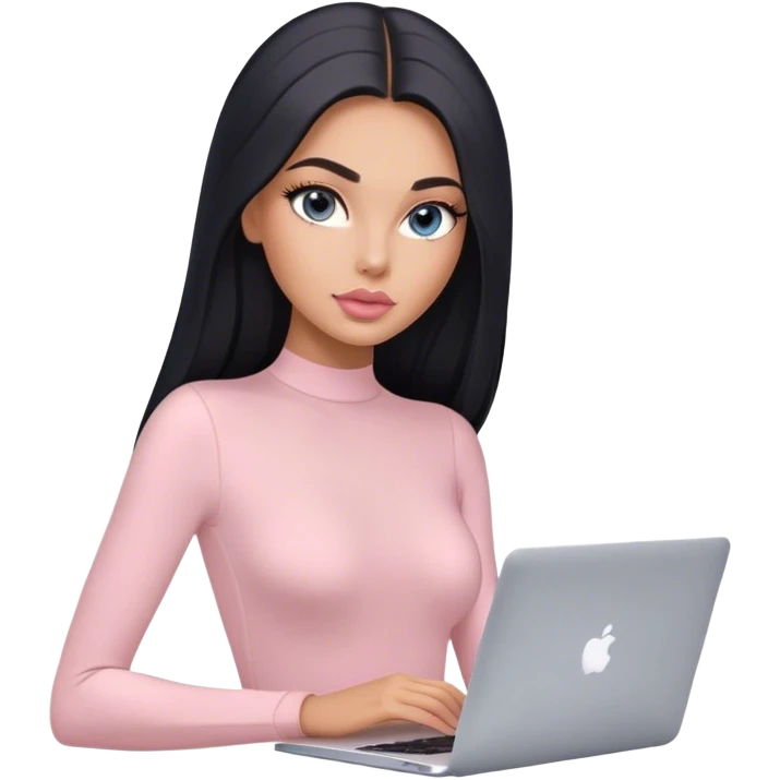 Glamours, tanned, very beautiful girl, with big pump peach-beige-rose lips, long lashes, black straight smooth silky long hair, straight parting hair, blue-grey eyes, in light-pink bodysuit holding MacBook emoji