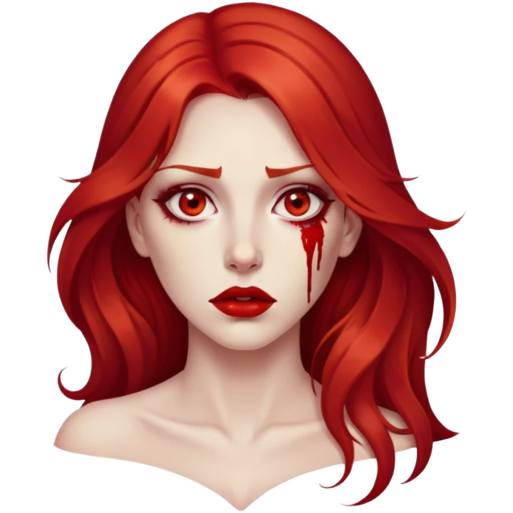 a woman with long red hair and red eyes. She have red lipstick. blood on face and metaphorical chest emoji