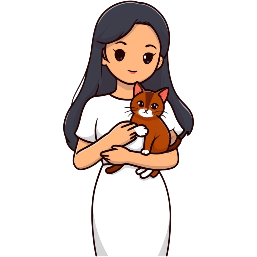 beautiful girl with long black hair wearing a white dress holding an Abyssinian cat with reddish-brown fur in her arms emoji