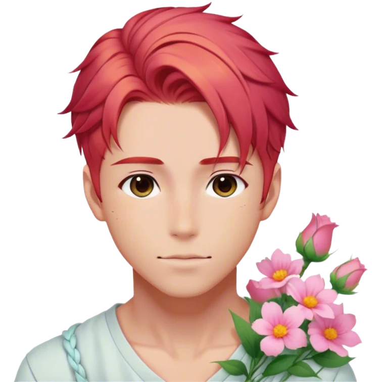 Gorgeous pastel red hair with a thin braid on the side anime style handsome sexy gojo guy with blushing face and flowers aesthetic trending style outside emoji