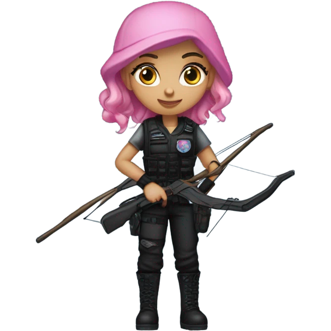 white girl, tactical vest, dark pants, pink hair, blue eyes, black beanie hat with crescent moon and stars on front, bow and arrow, black combat boots emoji
