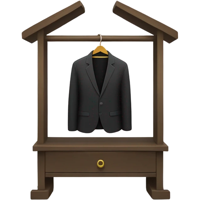 Design an emoji-style icon of an open wardrobe with clothes hanging inside. Include details like a wooden frame, hangers, and black clothing items such as shirts or any other clothing . Use a clean and minimalistic design. emoji