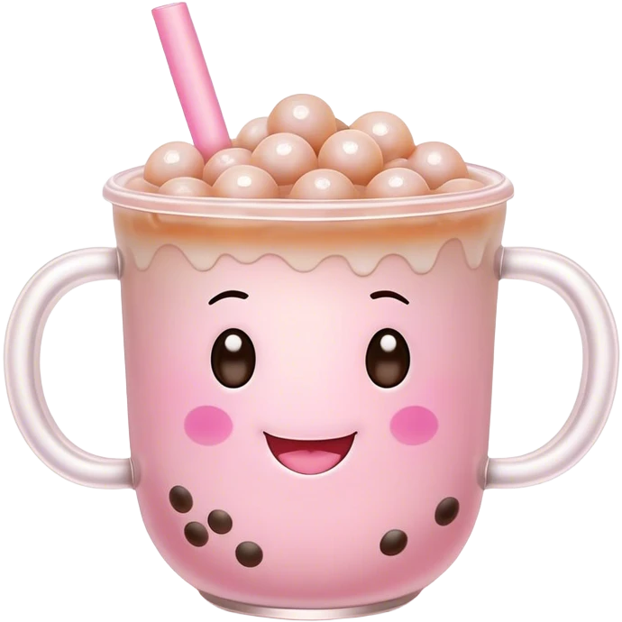 Cute Kawaii Boba Tea Cup, with a happy smiling face, chubby round shape, pastel pink and brown colors, soft glowing highlights, adorable tapioca pearls floating inside, sparkling eyes full of joy! emoji