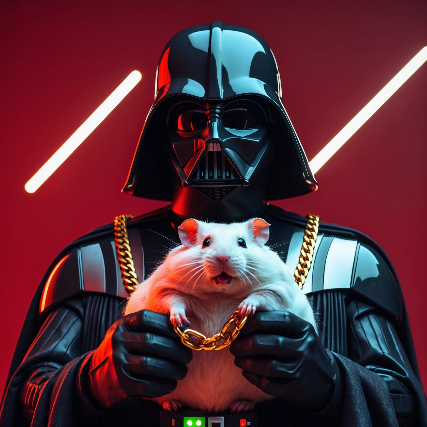 Extreme Closeup Photo of a darth vader holding big hamster with golden chain, low key light, red solid background with leading lines, back light, spot light emoji