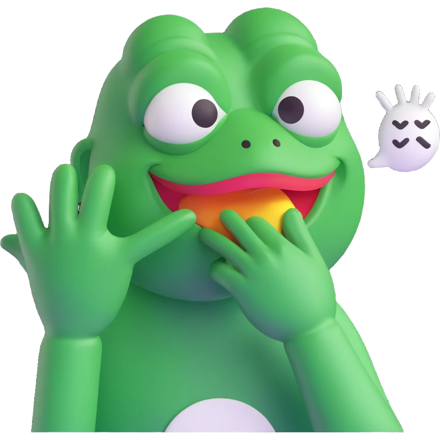 Pepe the Frog in a 3D emoji style, holding his hand over his mouth as if trying not to laugh, with a speech bubble above or beside him that says 'bus garso'. Playful style similar to the reference image, but without the hat, cigar, drink, or bottle. Variant 1. emoji