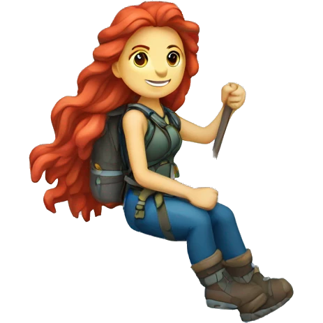 a red hair female mountaineer summitting ice peak with greek flag emoji