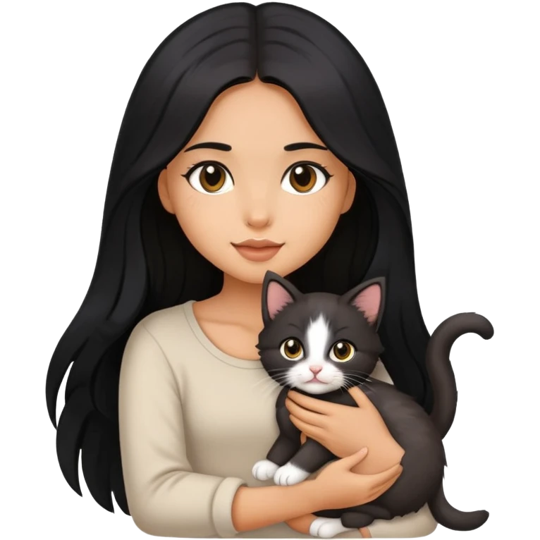 Beautiful girl with long black hair holding a cute kitten in her arms emoji