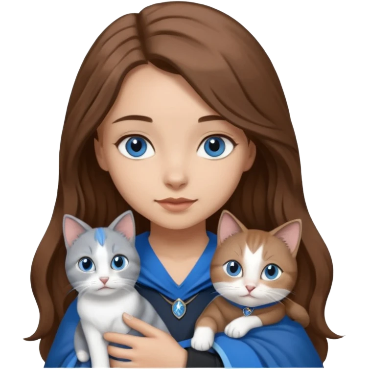 gorgeous Girl with light skin, blue eyes, long brown hair, wears a ravenclaw outfit, with a grey and white cat holding in her arms emoji