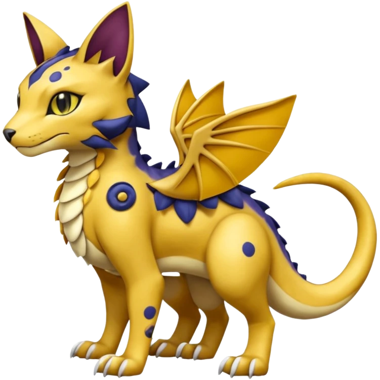 Golden-mustard-beige-yellow-gradients-colored, with black rosette-splotches, scaley Bastet-Liepard-Noibat-Gatomon-Garchomp-Digimon-Fakémon-Pokémon-creature (full body) emoji
