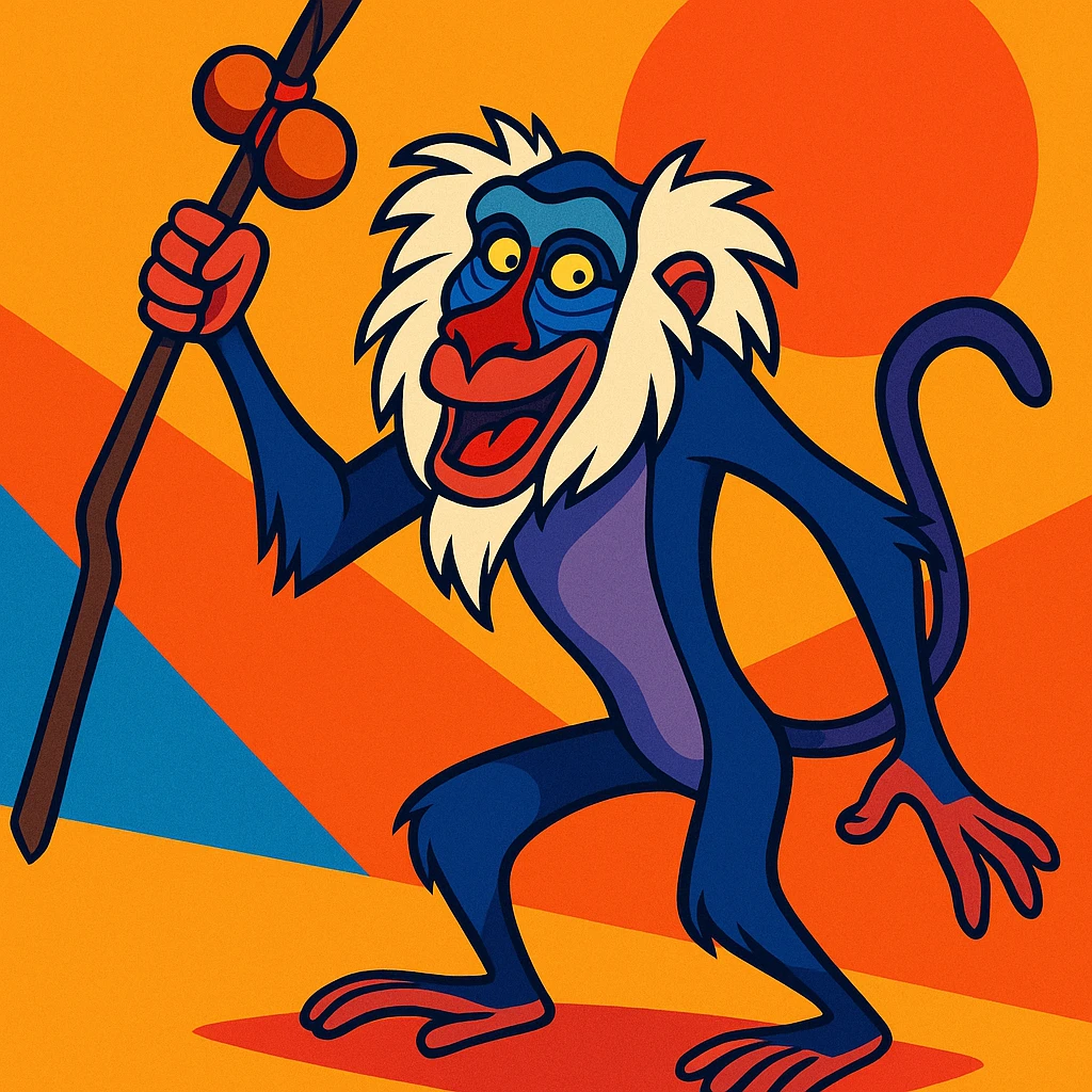 Rafiki from The Lion King holding his staff, full body, expressive, vibrant colors, cartoon style emoji