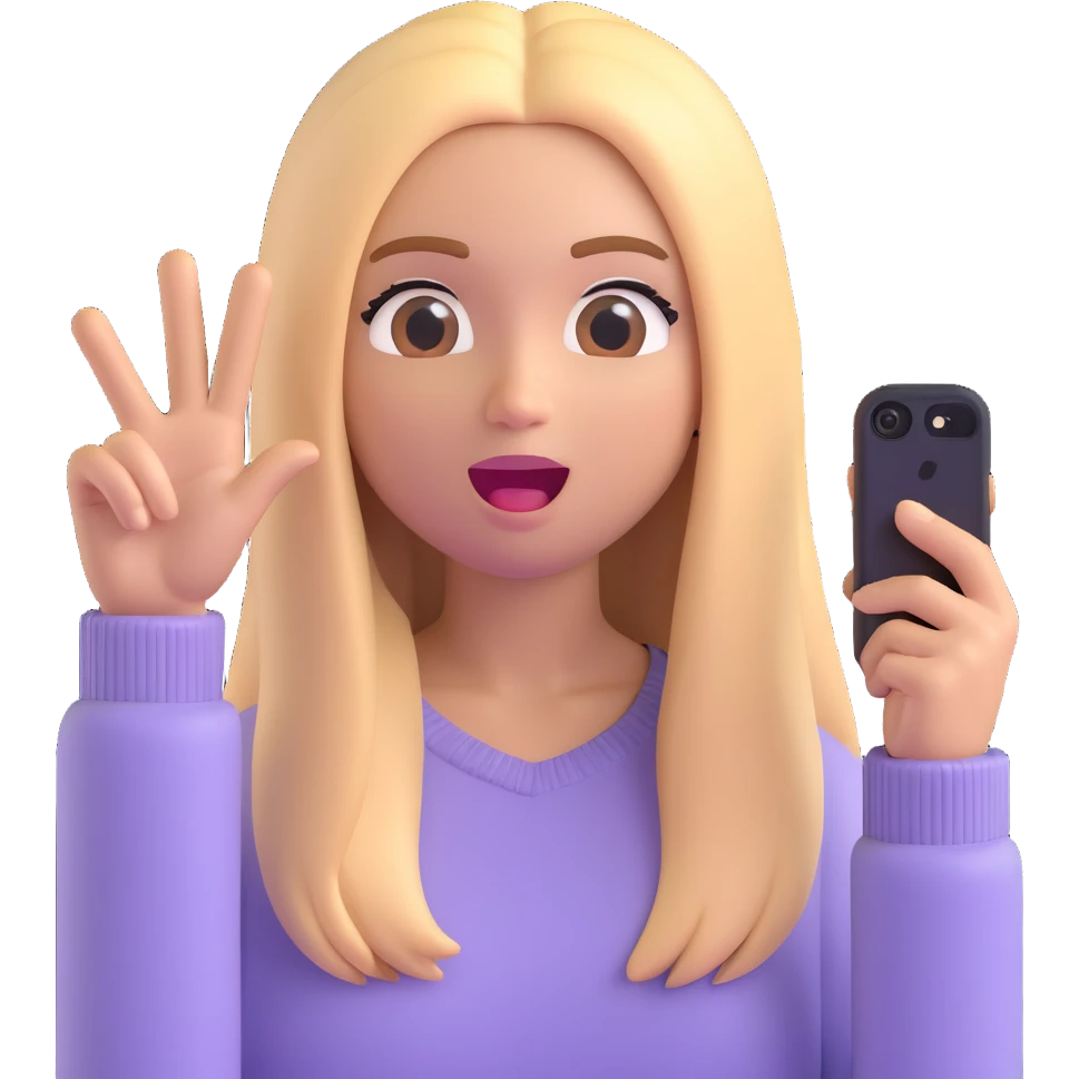 3D emoji style character with long straight blonde hair, light skin, surprised expression, wearing a light sweater, selfie pose emoji