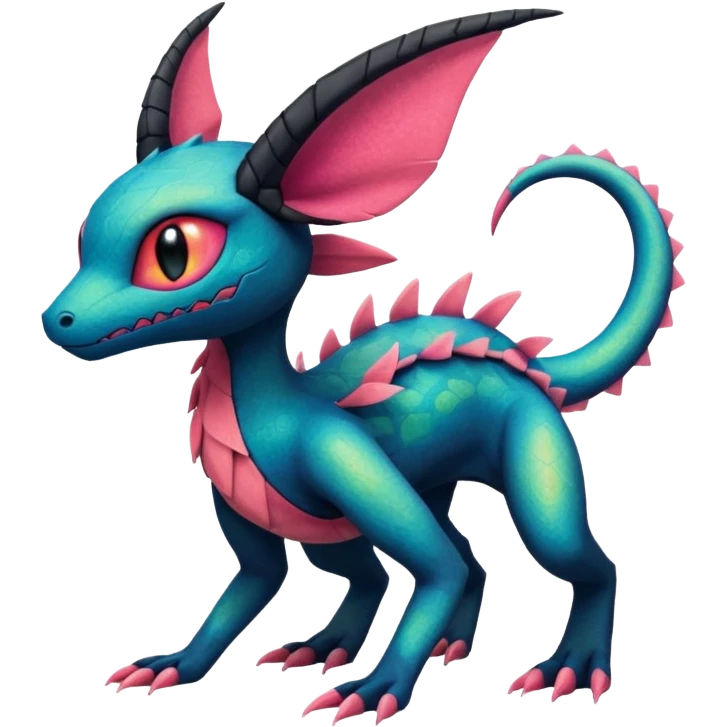 Spooky stitched colorful iridescent Salandit-Flygon-Sylveon-Umbreon-fusion-Pokémon-hybrid-creature  emoji