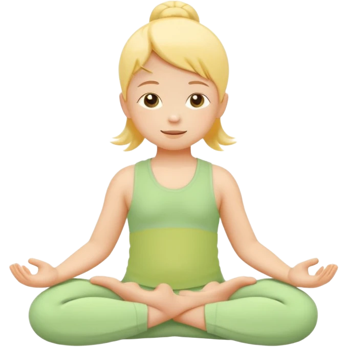 Flat illustration emoji of a small child practicing yoga, simple pose, calm and happy expression, soft pastel colors (yellow, green, soft orange), rounded shapes, minimal details, child-friendly, gentle and warm style, vector illustration, no background, cohesive style with kindergarten branding emoji