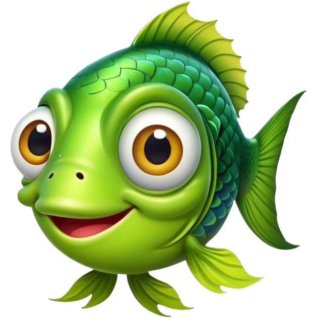 extremely goofy bright lime green fish with huge bulging eye and dopey smile, looking incredibly stupid and friendly, perfect flat side profile facing right, exactly 90 degrees, one eye visible emoji