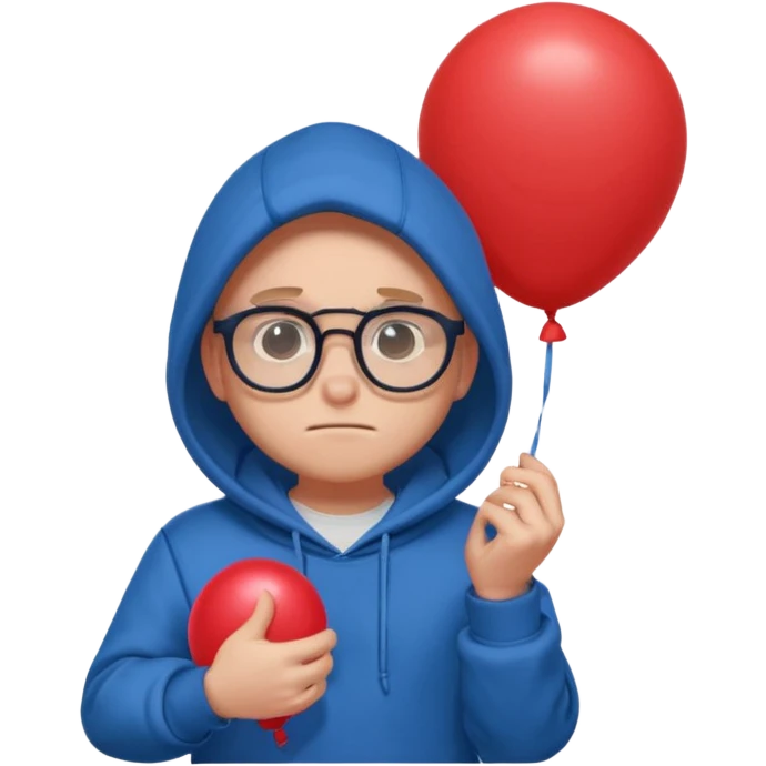 Gus from Brawl Stars, shy pose, round glasses, holding balloon, blue hoodie emoji
