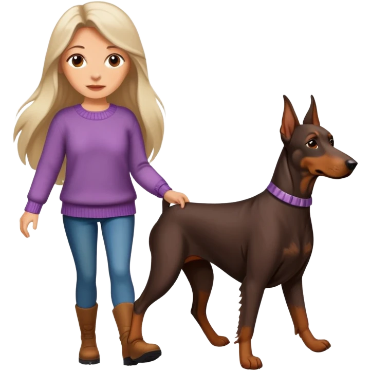 A beautiful long-haired white woman wearing a sweater walking a Doberman emoji