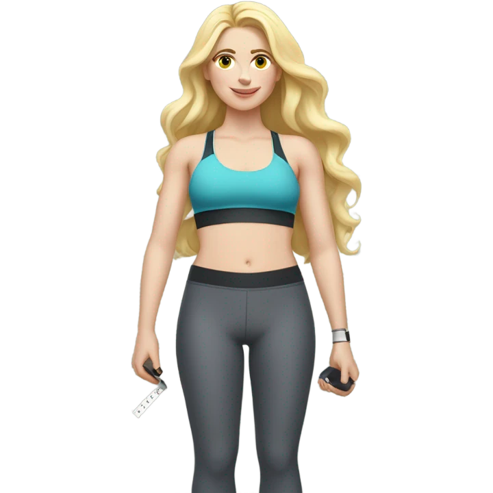 Woman, white skin, pale skin, long hair, blonde hair, wavy hair, standing, sports bra, leggings, tape measure around waste emoji