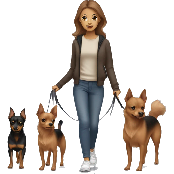A light brown haired girl, walking one mini black and tan miniature Pinscher and one bigger, fluffy & light brown Spitz on the lead emoji