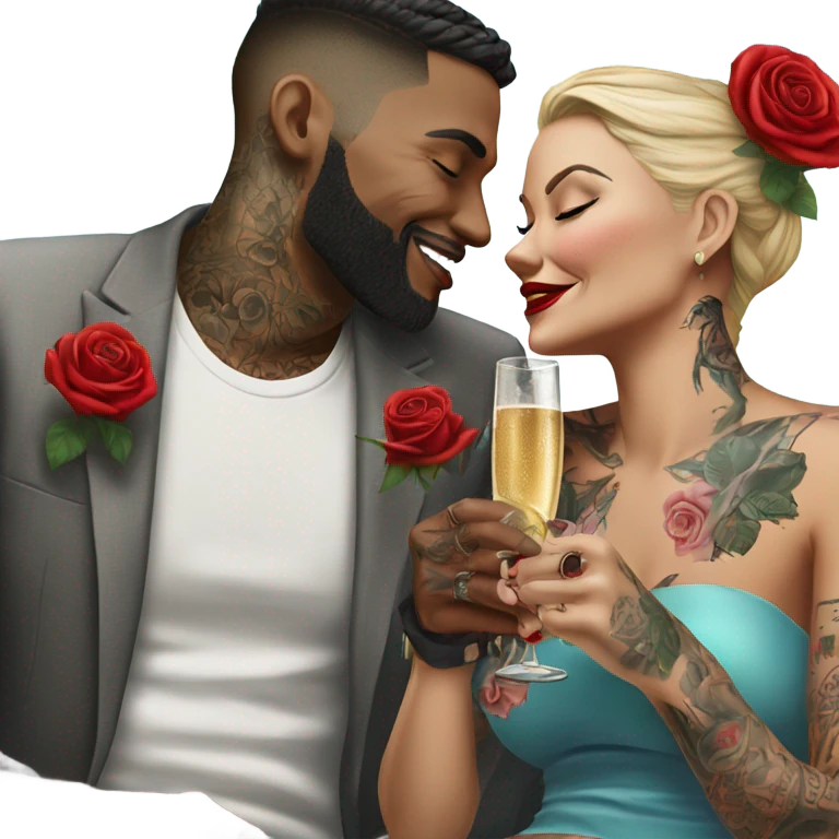 Hyper Realistic tattooed couple drinking champagne with red roses  emoji