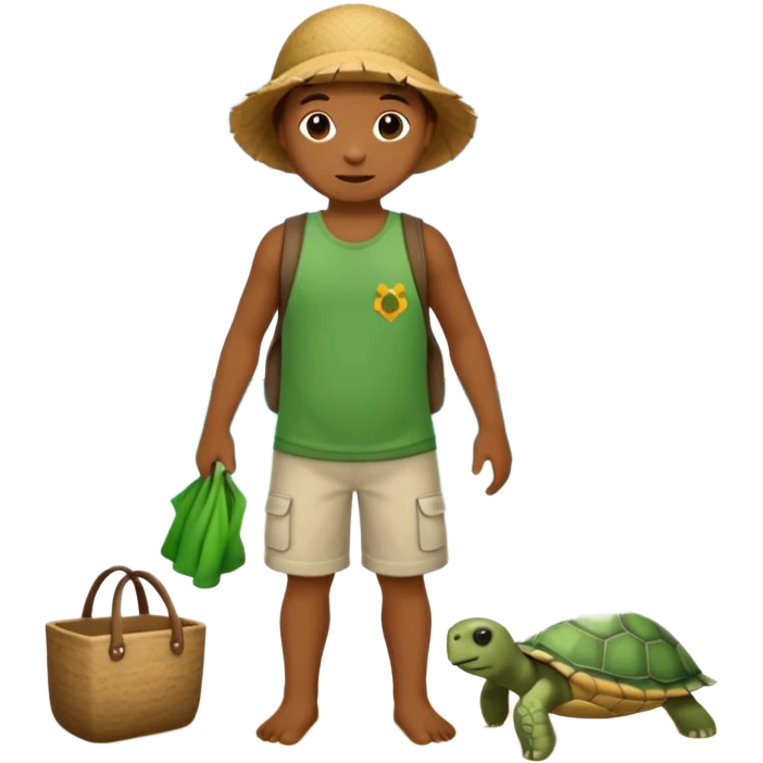 Haz una tortuga bonita, con ropa como si estuviera haciendo voluntariado, que Rea presente la limpieza de playas y el de refugio de animal emoji