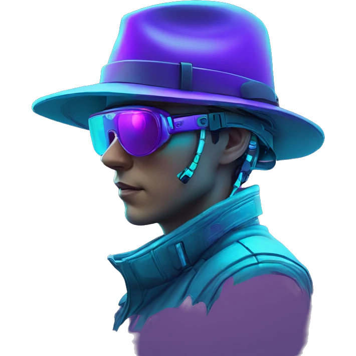Secret human agent in a hat with  cyberpunk elements in VR googles scanning looking reviewing multicolor lines of code, cyan and purple colors, only upper body portrait emoji