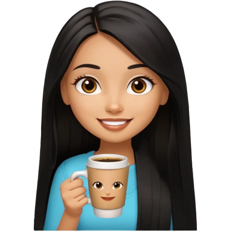 a pretty tan bratz girl with black long straight hair smiling and drinking coffee emoji