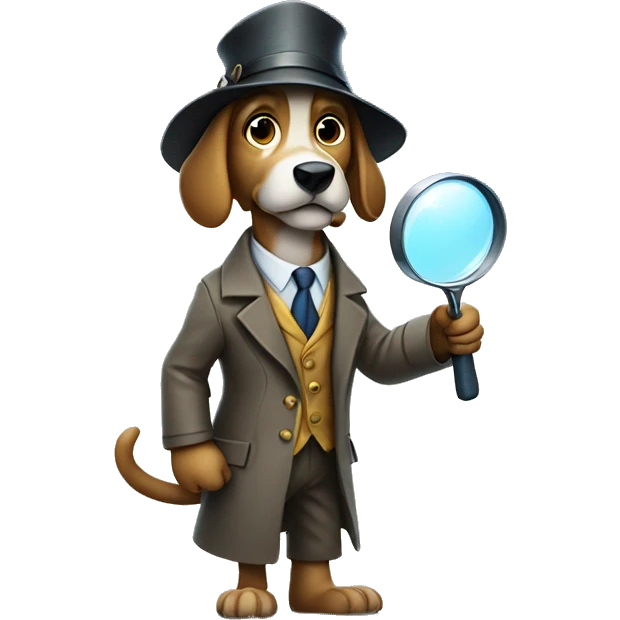 dog detective standing on two feets holding one magnifying glass with his paw emoji