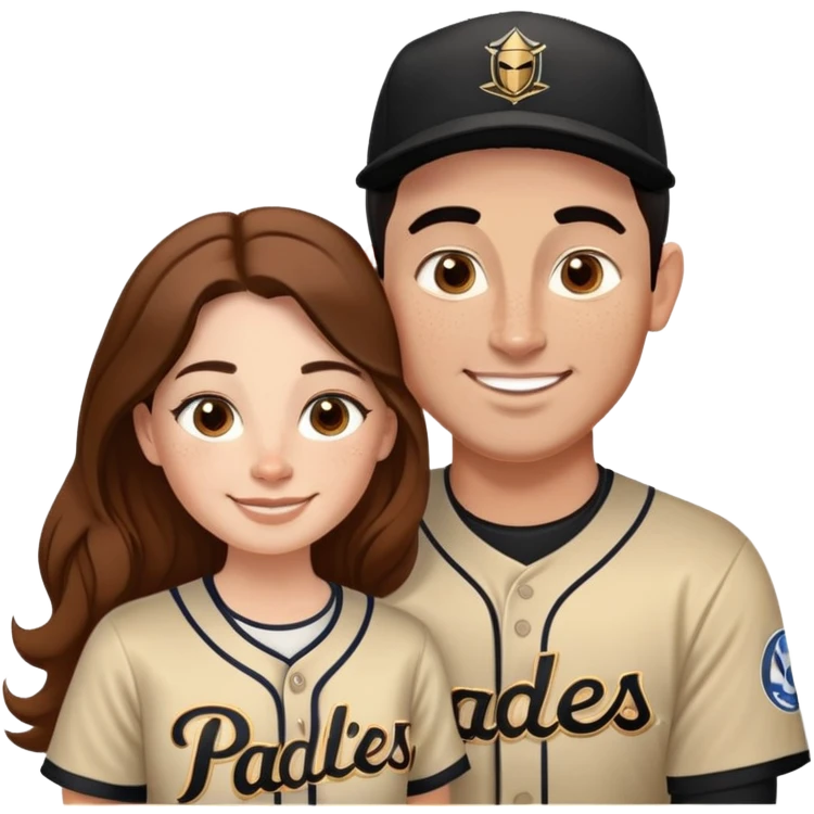 *White* couple smiling. Woman has big cheeks and a lot of freckles on the nose. long brown hair. Man has black and very short hair and prominent eyebrows with egipcian nose. Both are wearing “Los Padres” baseball new 2025 jearsey emoji