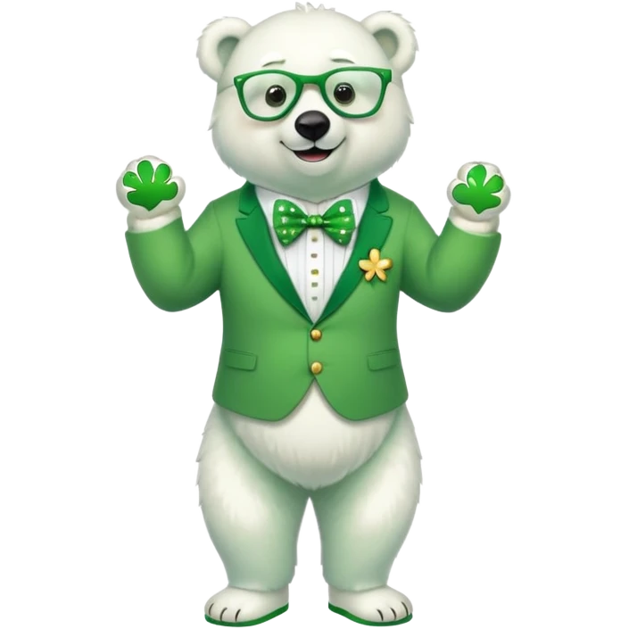 full body friendly anthropomorphised polar bear smiling, wearing large multicolored star-shaped glasses, green bow tie, shamrock pin, festive green shirt, green trainers, St. Patrick's Day emoji