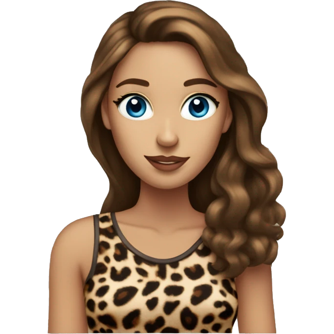 blue eyed women with long brown hair wearing a leopard print top emoji