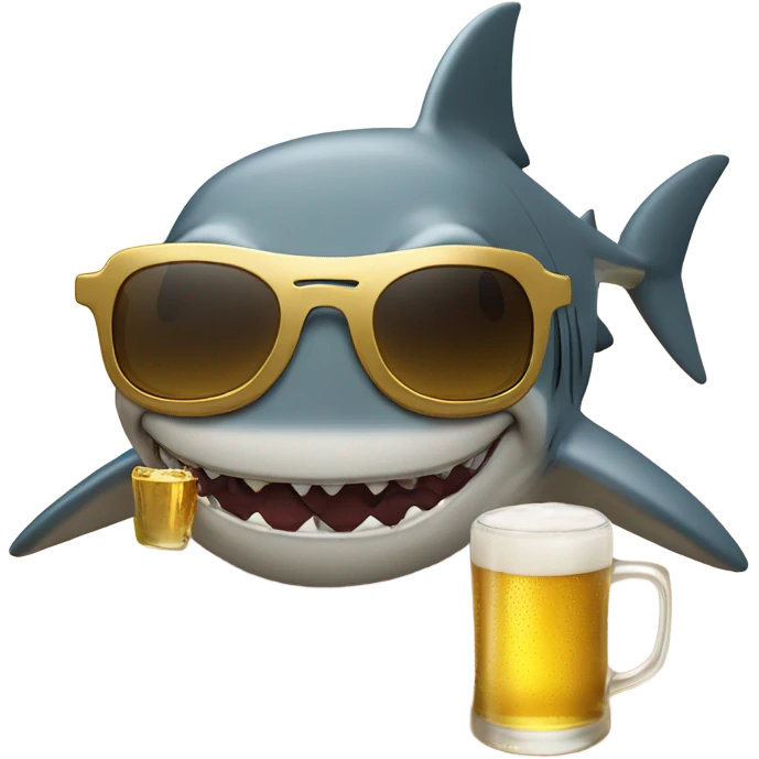 shark with dreadlocks and gold sunglasses on the beach with a beer emoji