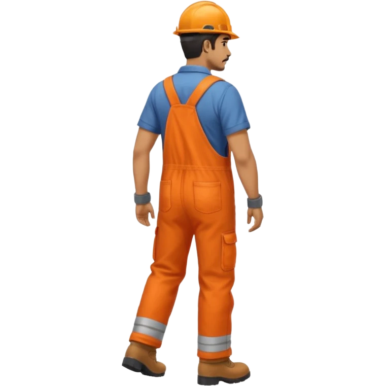 Indian male railway engineer orange overalls, boots walking back view emoji