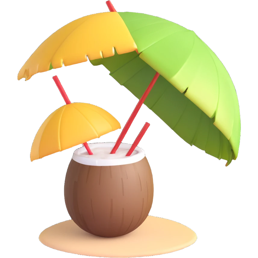 3D emoji style coconut with a straw and umbrella, tropical drink, simple and expressive emoji